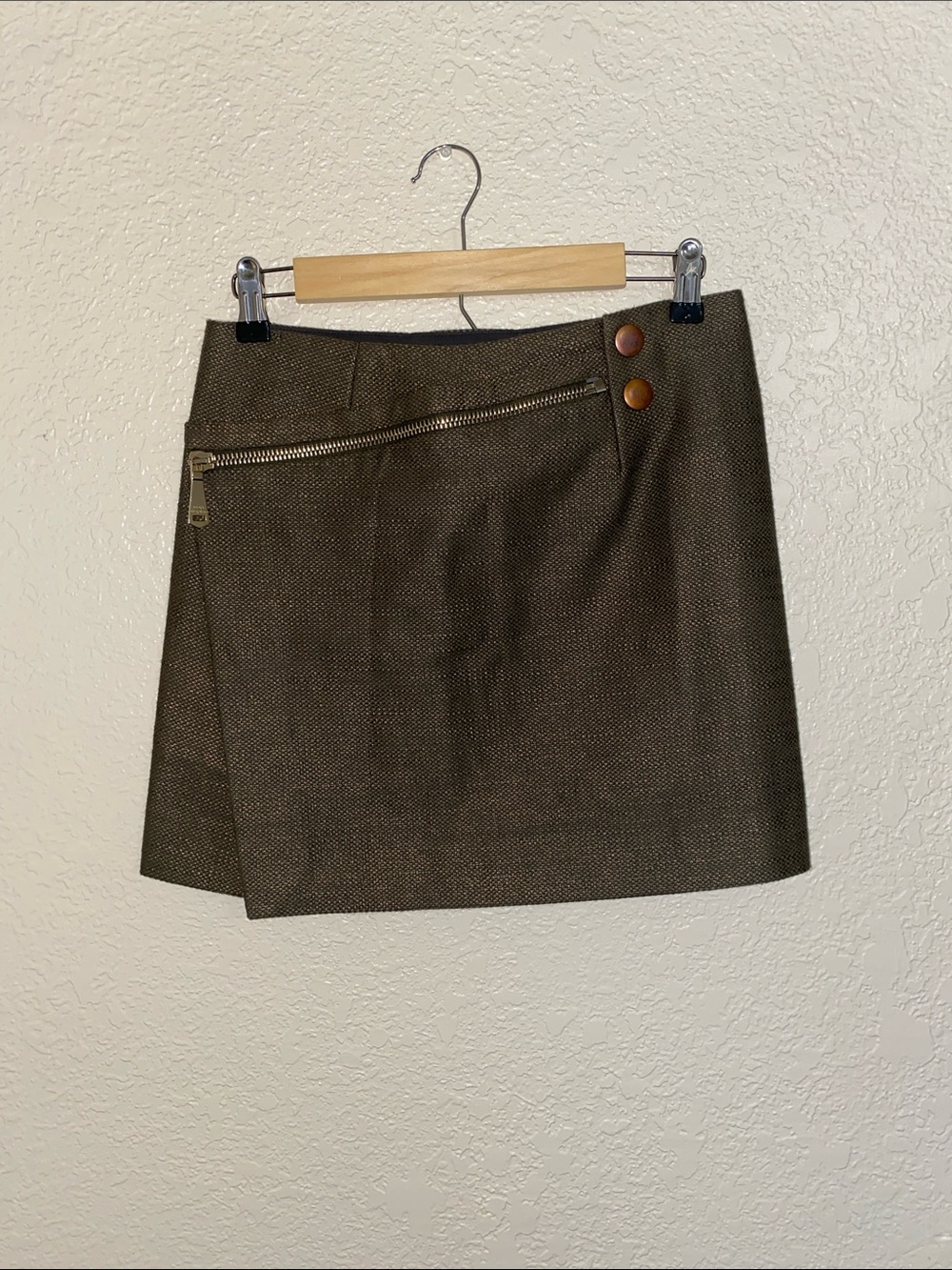 Cop.Copine Olive Brown Tweed Mini Skirt with Asymmetrical Zip